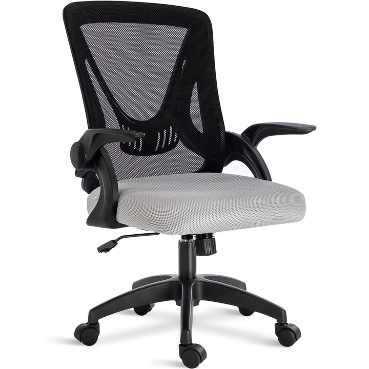 [Black + Grey] Black and grey mesh chair with breathable backrest, adjustable height, and padded seat for comfort during long hours.