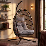 [Black] foldable hanging egg chair with stand, cushioned seat and indoor outdoor garden relaxation design