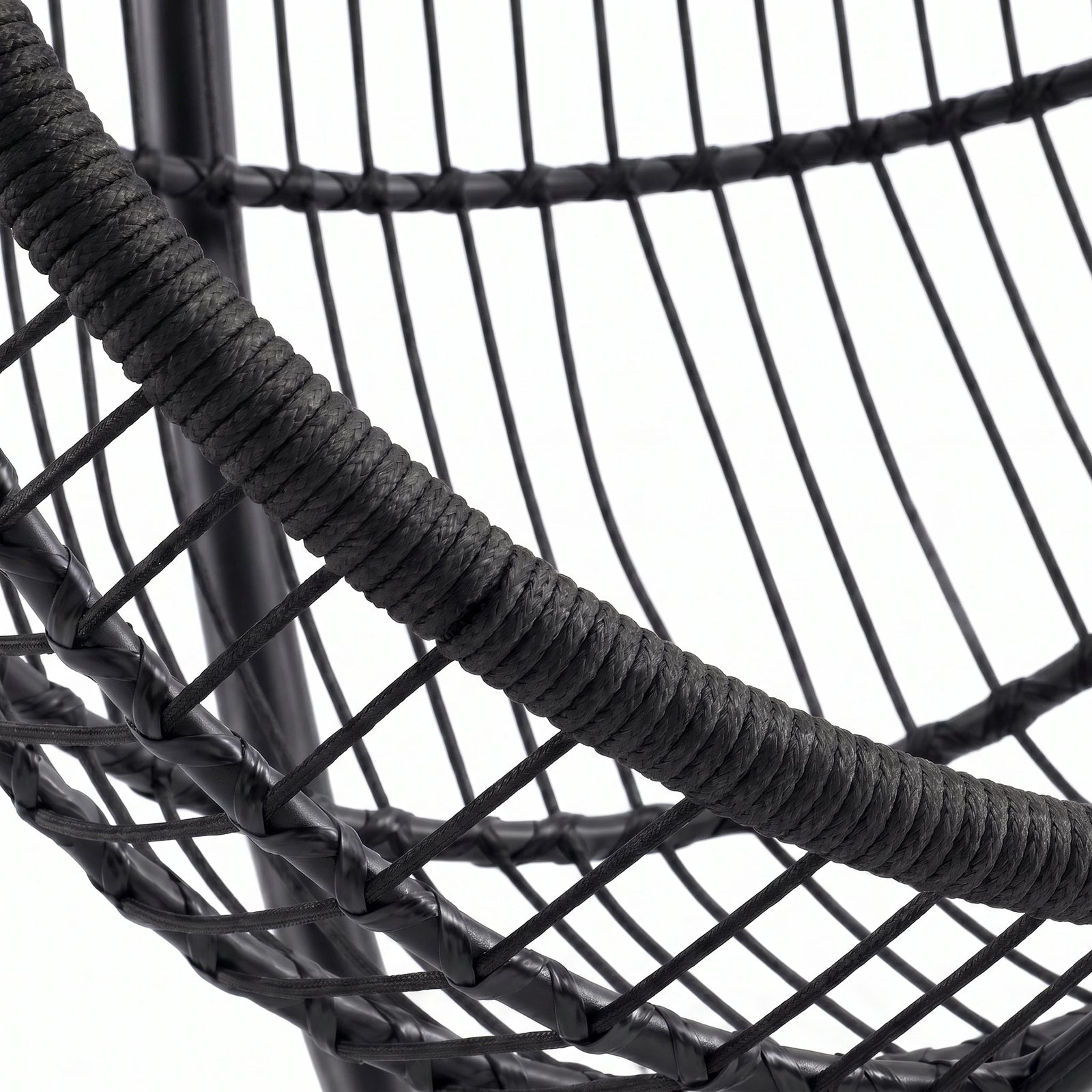 [Black] Close-up of a black woven chair with a rope seat on a white background