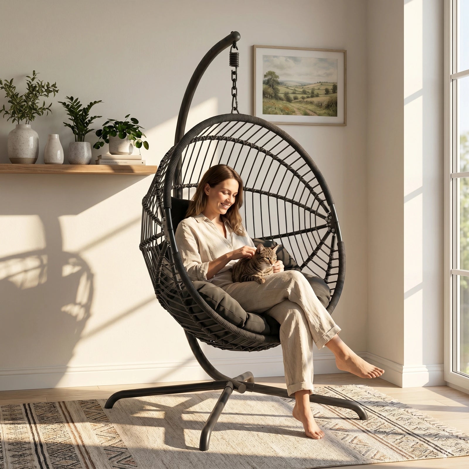 [Black] Woman sitting in a black hanging chair with a cat, in a bright room with plants and a painting