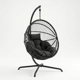 [Black] Hanging egg chair with cushions on a white background