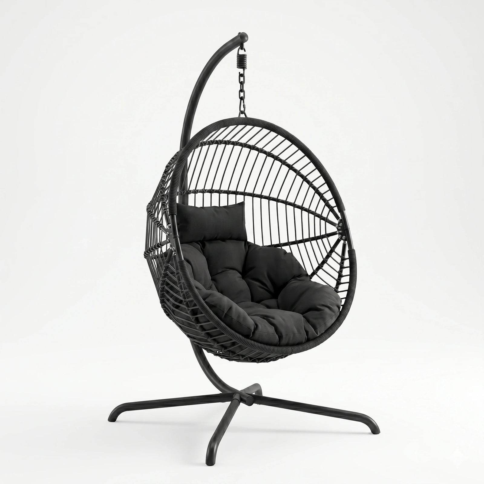 [Black] Hanging egg chair with cushions on a white background
