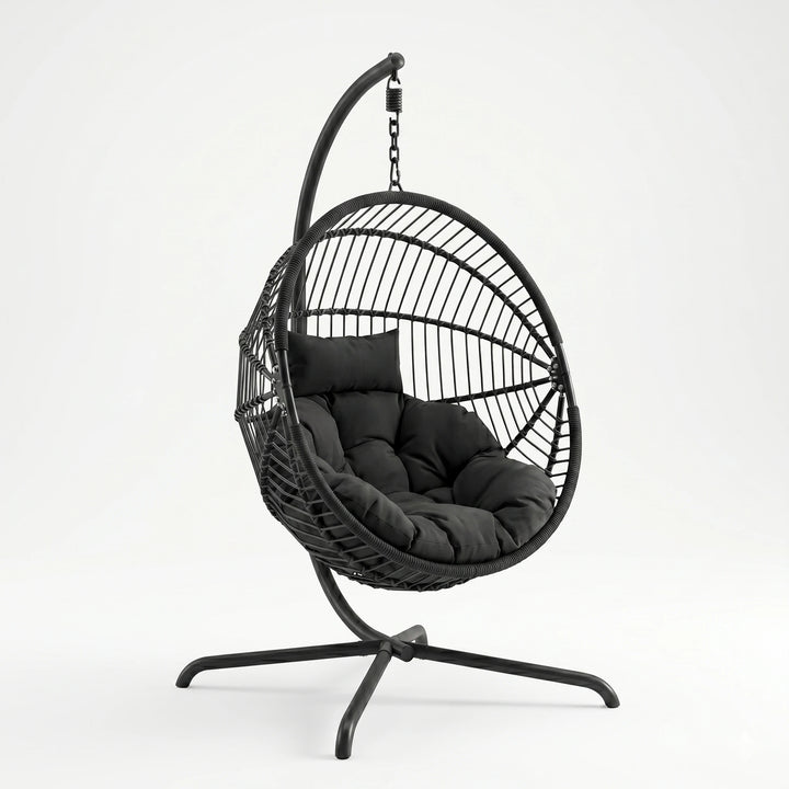 [Black] Hanging egg chair with cushions on a white background