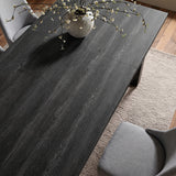 [140cm | Black] 180cm extended dining table top with 40cm centre leaf, black wood grain, grey chairs and blossom vase.