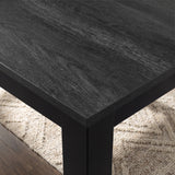 [140cm | Black] Close-up of 18mm thick Hartley extendable dining tabletop and edge, black iron frame and thick square leg