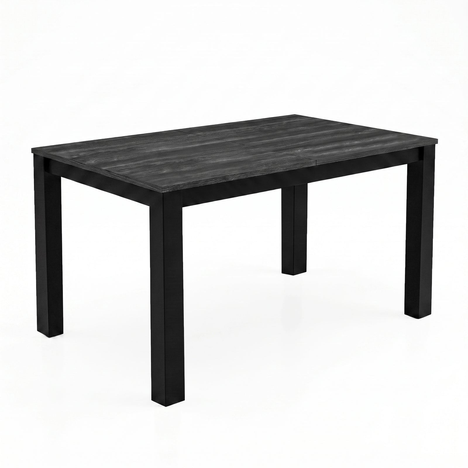 [140cm | Black] Closed 140cm dining table with black wood-effect top, centre seam, black iron frame and four square legs.