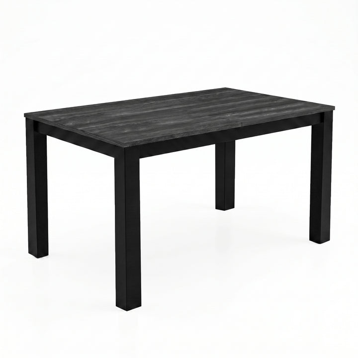 [140cm | Black] Closed 140cm dining table with black wood-effect top, centre seam, black iron frame and four square legs.
