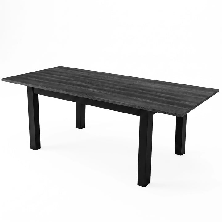 [160 cm | Black] Hartley dining table extended to 200cm with wood-grain top, 40cm centre leaf, iron frame and square legs