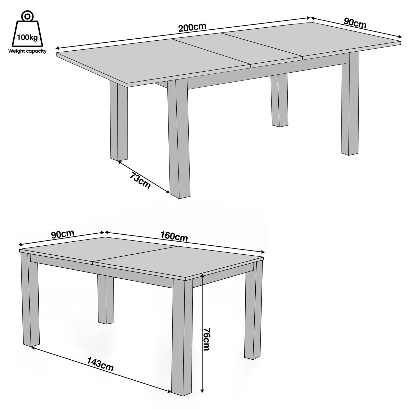 [160cm | Black] Extendable table size guide showing 160-200 x 90 x 76cm, 73cm clearance, 143cm leg space and 100kg capacity.