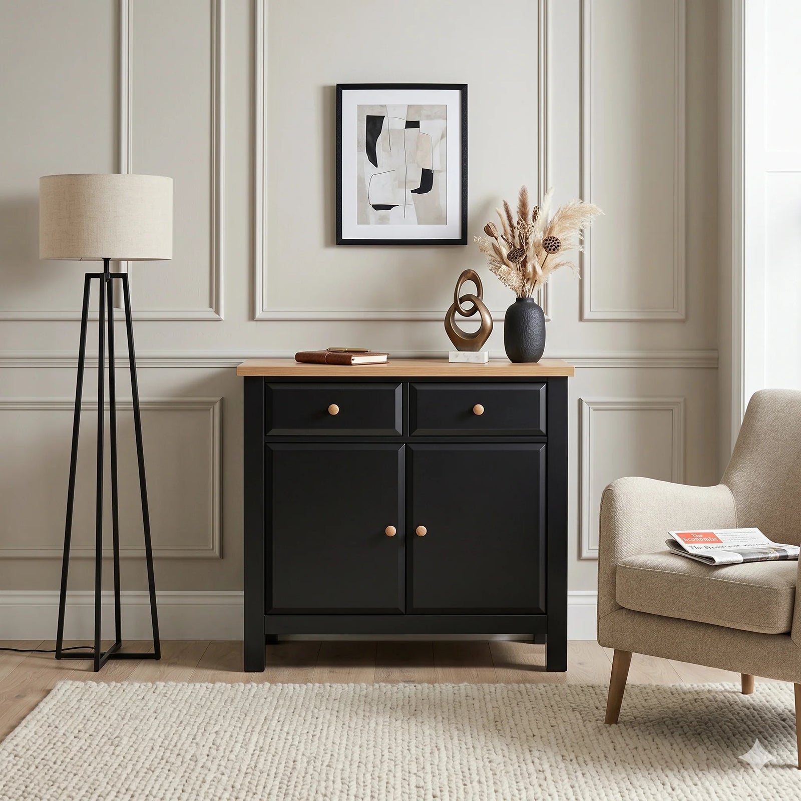 [Black] Haven Small Black Sideboard with Drawers & Oak Top, Painted Finish styled within a living room scene next to an armchair.