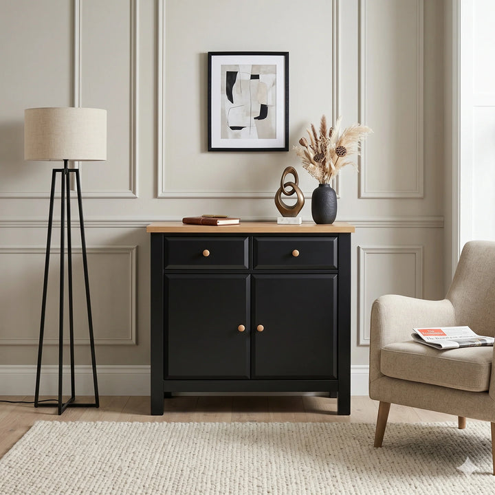 [Black] Haven Small Black Sideboard with Drawers & Oak Top, Painted Finish styled within a living room scene next to an armchair.