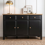 [Black] Haven Large Black Sideboard with Drawers & Oak Top, Painted Finish straight-on look against a white panel wall.
