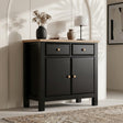 [Black] Haven Small Black Sideboard with Drawers & Oak Top, Painted Finish from an angled perspective highlighting its clean lines.