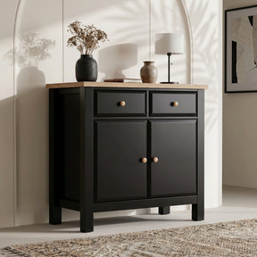 [Black] Haven Small Black Sideboard with Drawers & Oak Top, Painted Finish from an angled perspective highlighting its clean lines.