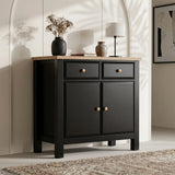 [Black] Haven Small Black Sideboard with Drawers & Oak Top, Painted Finish from an angled perspective highlighting its clean lines.