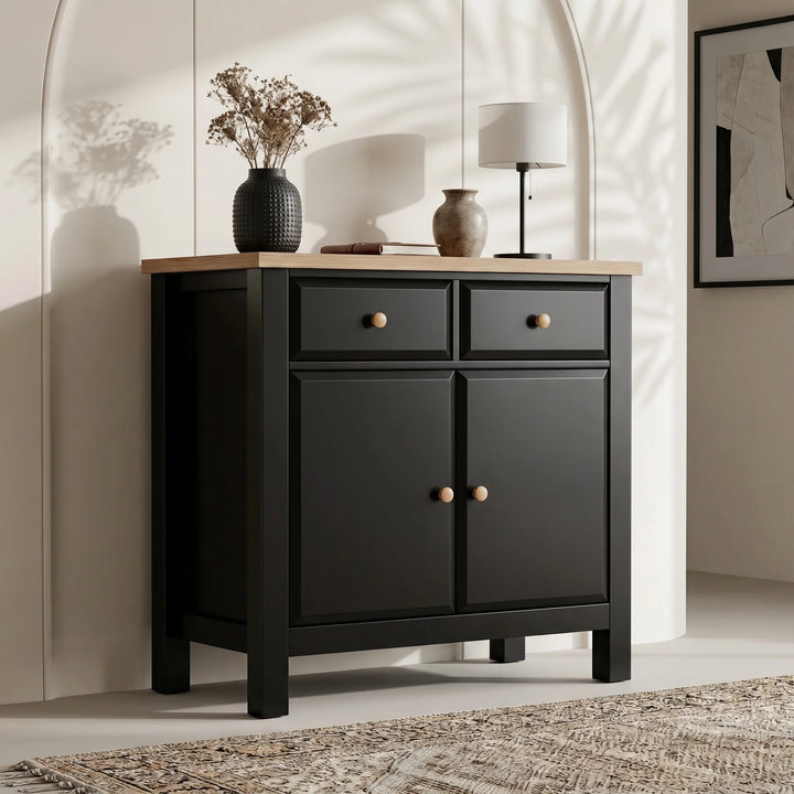 [Black] Haven Small Black Sideboard with Drawers & Oak Top, Painted Finish from an angled perspective highlighting its clean lines.