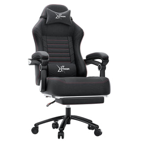 Black gaming chair with red accents on a white background