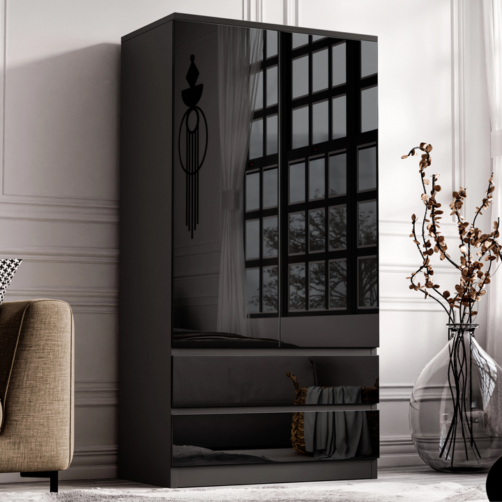 [Black] Front room view of gloss wardrobe with reflective doors, lower drawers, panelled wall, and stool