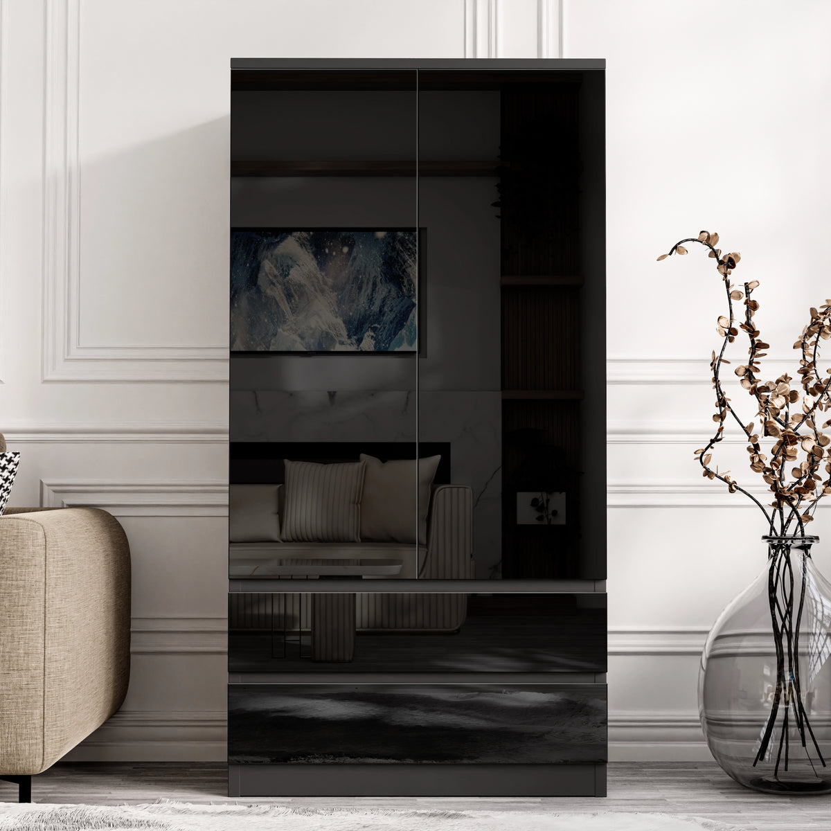 [Black] Straight front view of gloss wardrobe with 2 doors, lower drawers, side sofa and a oval vase