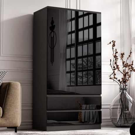 black high gloss 2 door wardrobe with drawers, placed in the room's corner near a window that is subtly reflecting light