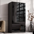 Black high gloss 2 door wardrobe with drawers and hanging space. Reflective surface and sleek design for luxury bedroom interiors.
