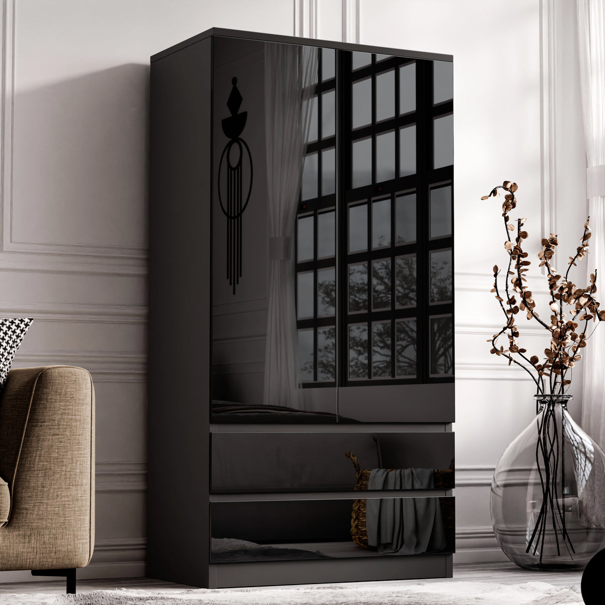 Black high gloss 2 door wardrobe with drawers and hanging space. Reflective surface and sleek design for luxury bedroom interiors.