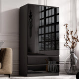 Black high gloss 2 door wardrobe with drawers and hanging space. Reflective surface and sleek design for luxury bedroom interiors.