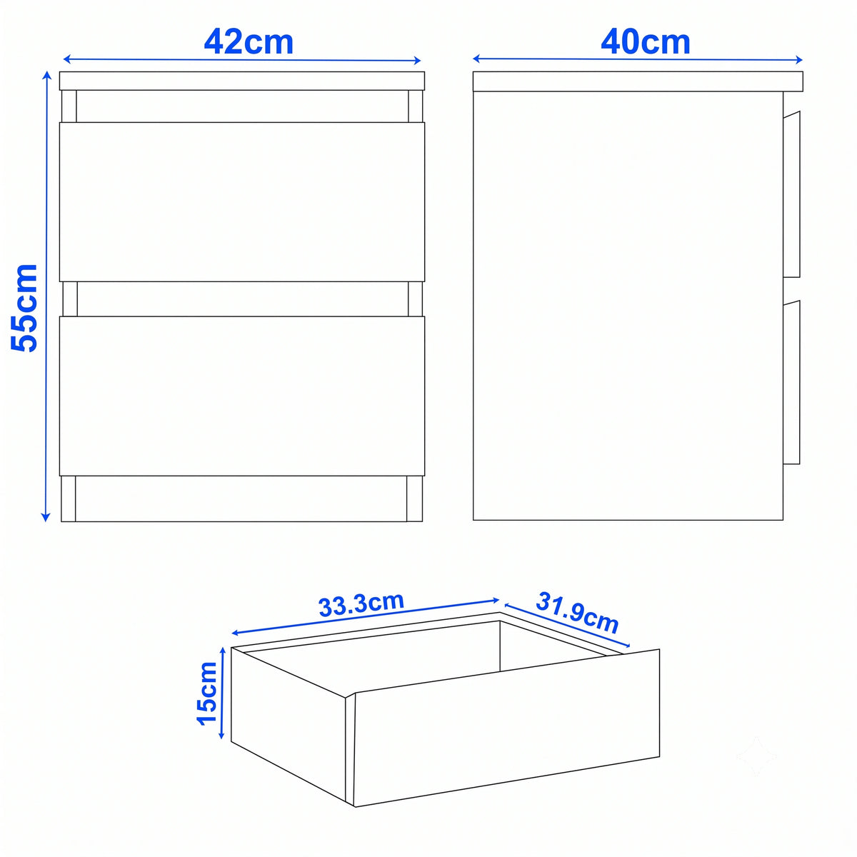 [Black] bedside table size guide: H 55 x W 42 x D 40 cm per table; drawer H 15 x W 33.3 x D 31.9 cm.