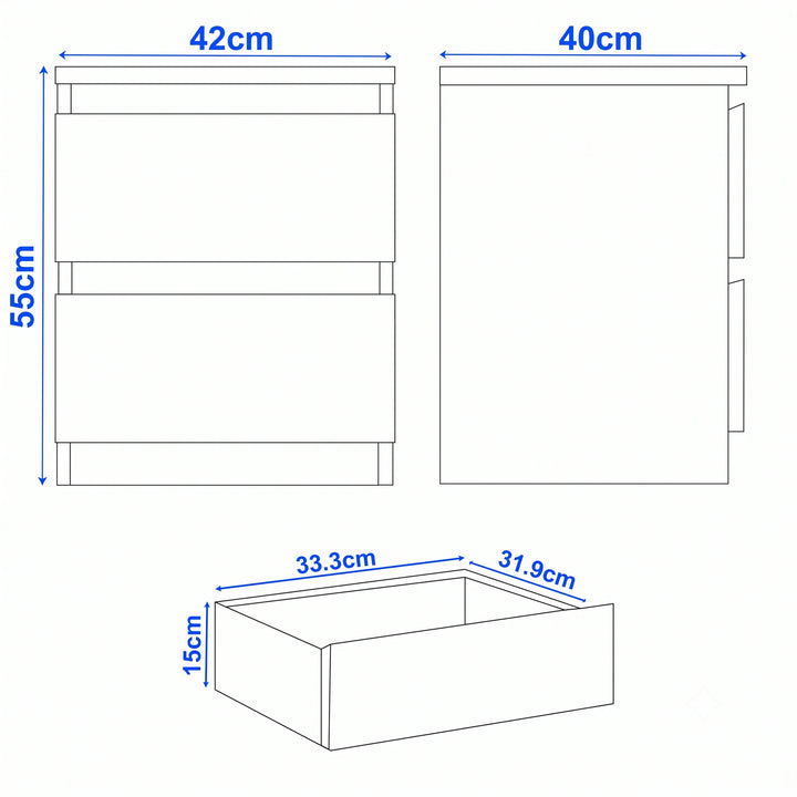 [Black] bedside table size guide: H 55 x W 42 x D 40 cm per table; drawer H 15 x W 33.3 x D 31.9 cm.
