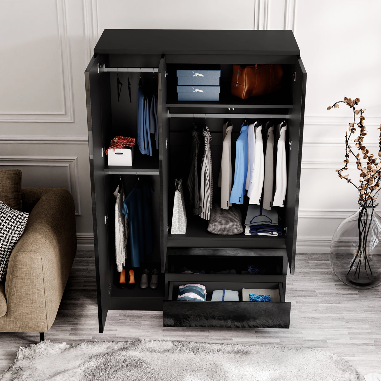 Interior layout of black 3 door wardrobe with shelves, drawers, and hanging rails, designed for optimal clothing organization.