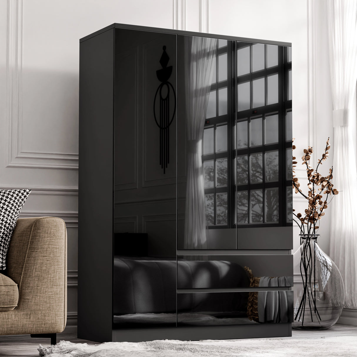 black high gloss 3 door wardrobe with drawers placed against a wall in a well organised room near the window