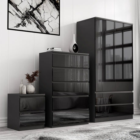 Black High Gloss Wardrobe, Chest of Drawers | 3 Piece Bedroom Set with 2 door wardrobe, 5-drawer chest, and 2-drawer bedside table.