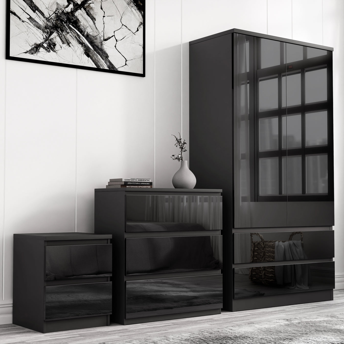 High Gloss 3 Piece Bedroom Set- 2 Door Wardrobe With Drawers