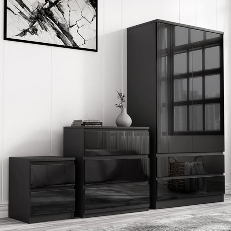 Black High Gloss 3 Piece Bedroom Set with 2 door wardrobe, chest of drawers, and bedside table for sleek and modern bedroom storage.
