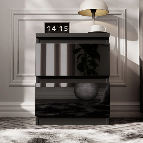 Compact black high gloss 2 drawer bedside table included in the High Gloss 3 Piece Wardrobe Set With Chest of Drawers.