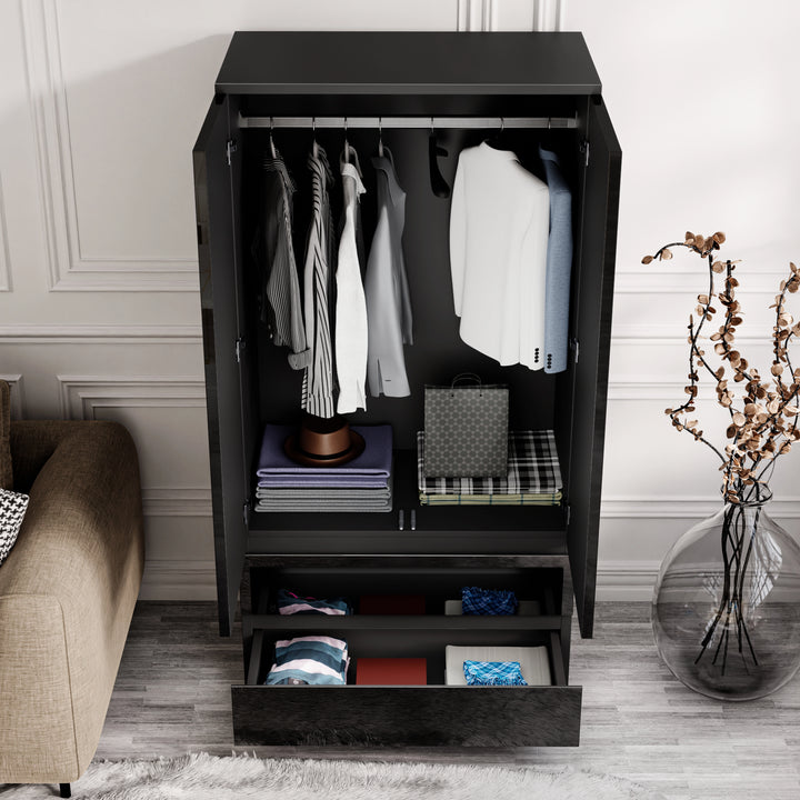 [Black] Interior view of black high gloss wardrobe with hanging rail and drawer, part of the High Gloss 3 Piece Wardrobe Set.