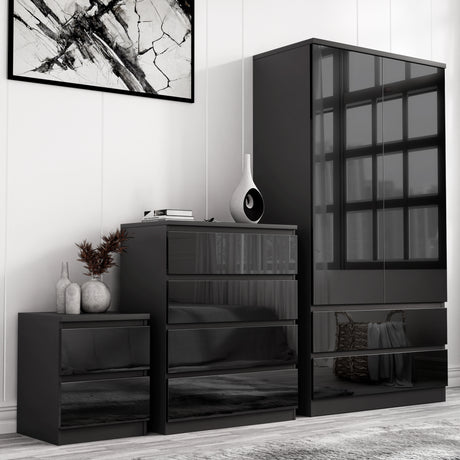 Black High Gloss 3 Piece Wardrobe Set With Chest of Drawers featuring a wardrobe, chest, and bedside table in a sleek bedroom.