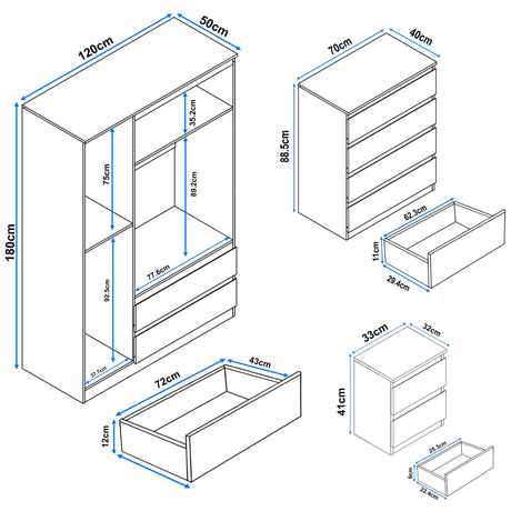 Dimension chart of black high gloss 3 wardrobe bedroom set with chest of drawers and nightstand for space planning.