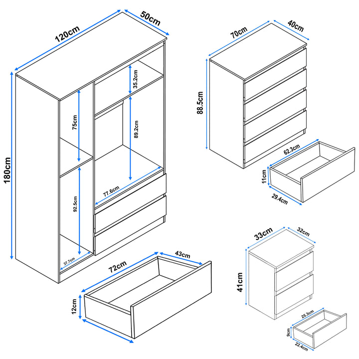 [Black] Dimension chart of black high gloss 3 wardrobe bedroom set with chest of drawers and nightstand for space planning.