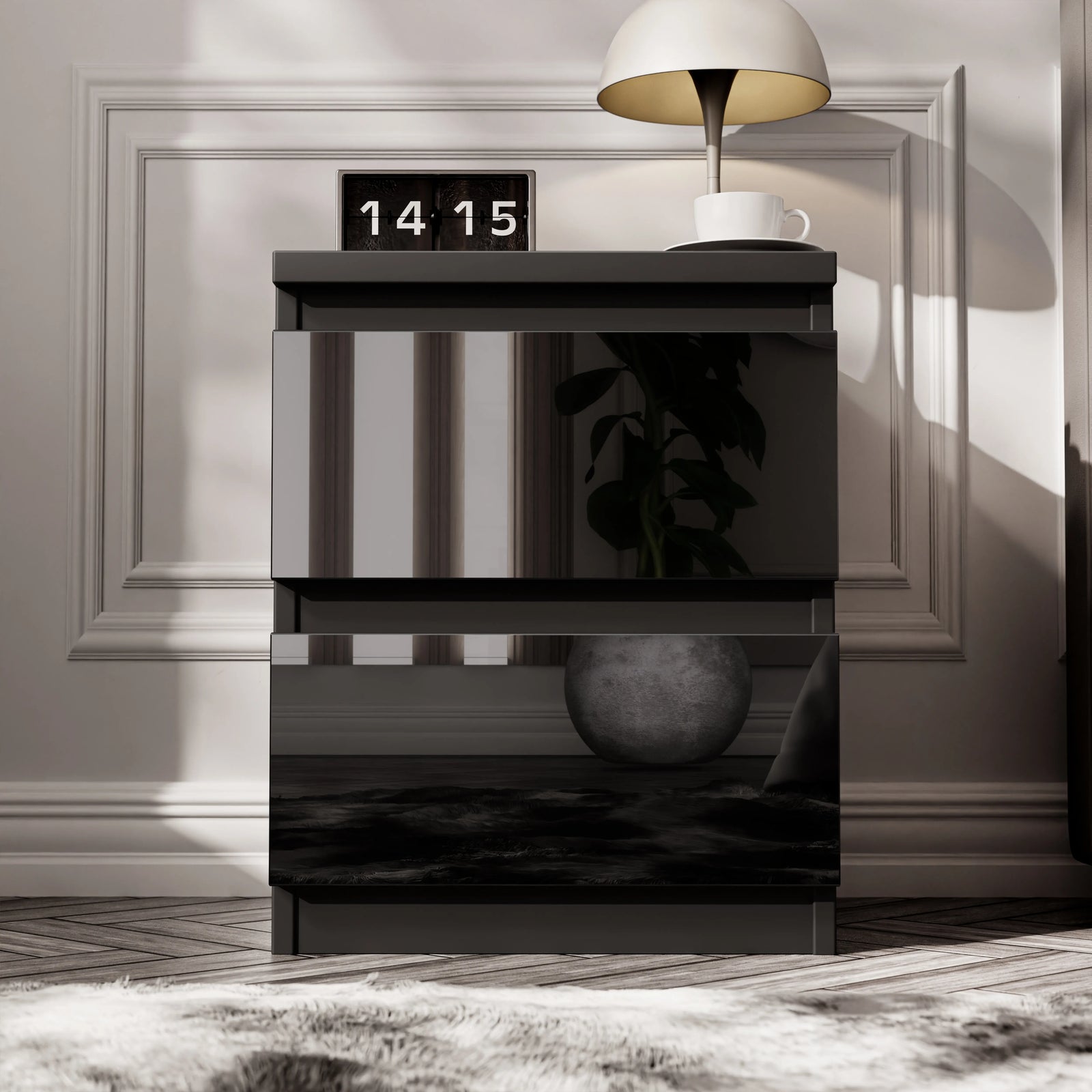 [Black] high gloss black 2 drawer bedside table with dome table lamp and flip clock 14:15 styled on the gloss top