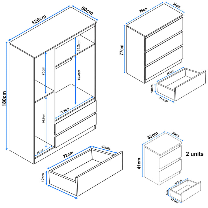 [Black] Measurement diagram of black High Gloss 4 Piece Bedroom Set showing wardrobe, chest of drawers, and bedside table dimensions