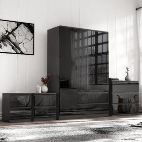 Black High Gloss 4 Piece Bedroom Set with 3 door wardrobe, chest of drawers, and 2 bedside tables, ideal for modern bedrooms