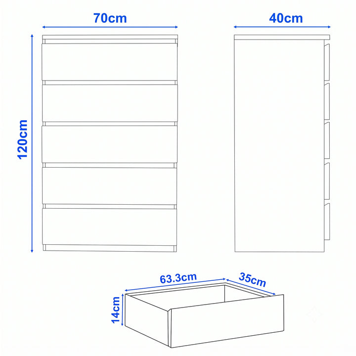 [Black] 5-drawer chest of drawers size guide: H 120 x W 70 x D 40 cm; drawer H 14 x W 63.3 x D 35 cm.