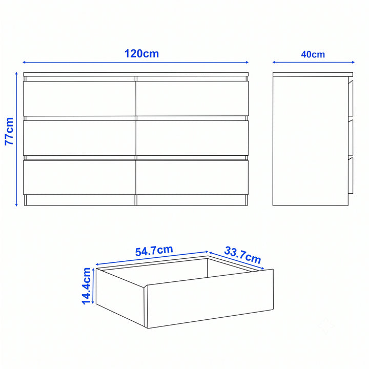 [Black] 6-drawer chest of drawers size guide: H 77 x W 120 x D 40 cm; drawer H 14.4 x W 54.7 x D 33.7 cm.