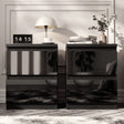 [Black] Two matching glossy black nightstands in a modern room setting, styled with a lamp, books, a digital clock, and a vase of flowers.