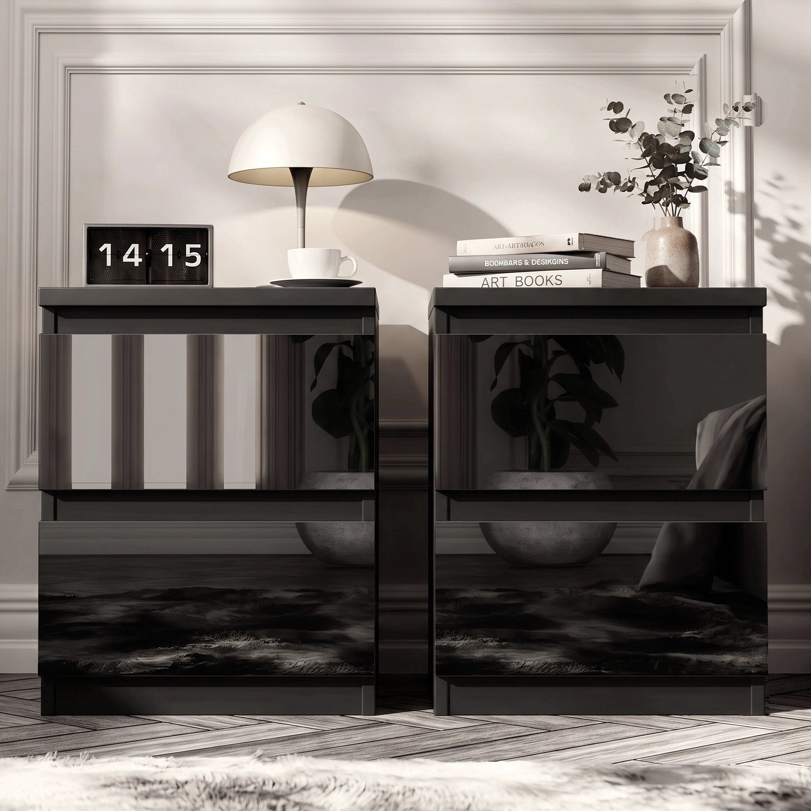 [Black] Two matching glossy black nightstands in a modern room setting, styled with a lamp, books, a digital clock, and a vase of flowers.