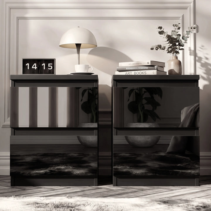 [Black] Two matching glossy black nightstands in a modern room setting, styled with a lamp, books, a digital clock, and a vase of flowers.