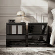 [Black] pair of high gloss bedside tables with handleless push-open drawers styled with clock and lamp
