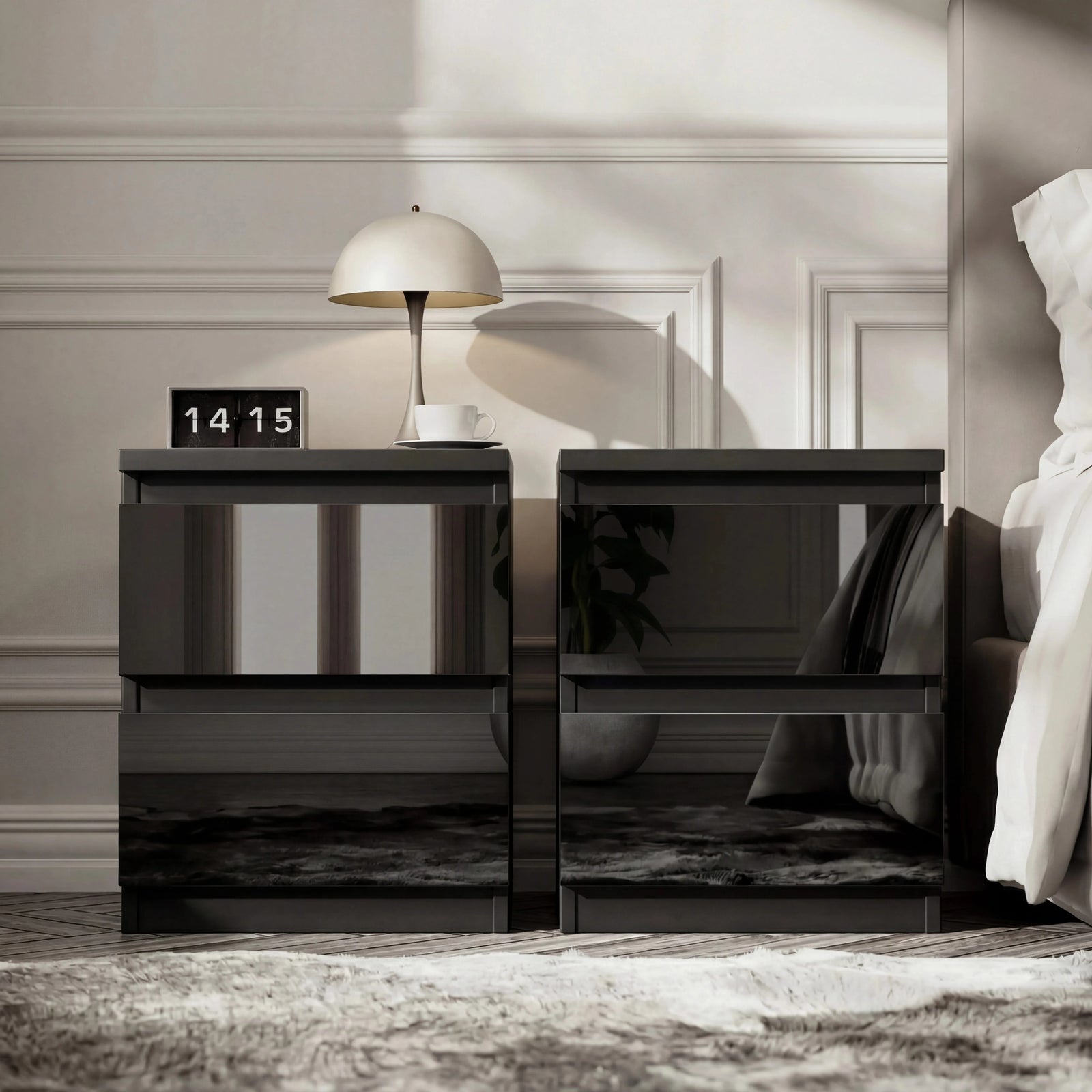[Black] pair of high gloss bedside tables with handleless push-open drawers styled with clock and lamp