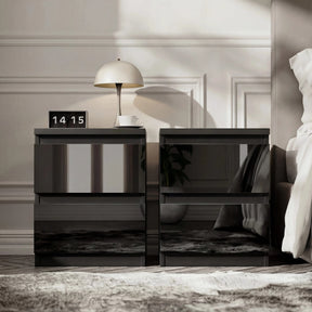 [Black] pair of high gloss bedside tables with handleless push-open drawers styled with clock and lamp